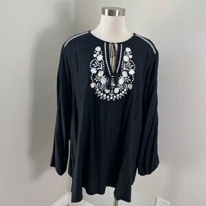 Old Navy Womens Plus XXL Black Tunic Shirt Floral Embroidered Tassel Tie Top
